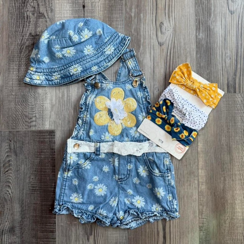 Floral Denim Overall Set with Hat and Headbands